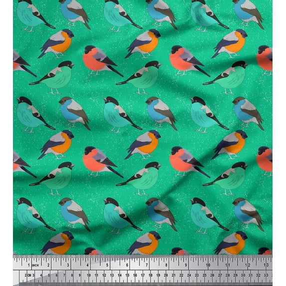 Soimoi Green Cotton Voile Fabric Rufous Flycatcher Bird Printed Fabric 1 Yard 58 Inch Wide