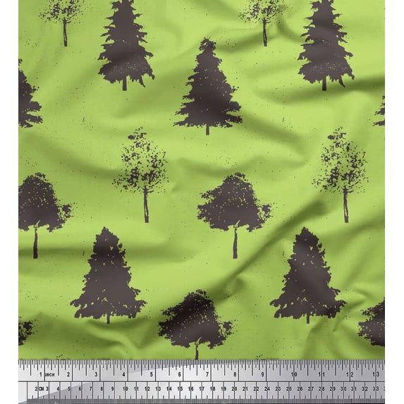 Soimoi Green Cotton Voile Fabric Stencil Tree Print Fabric by the Yard 56 Inch Wide