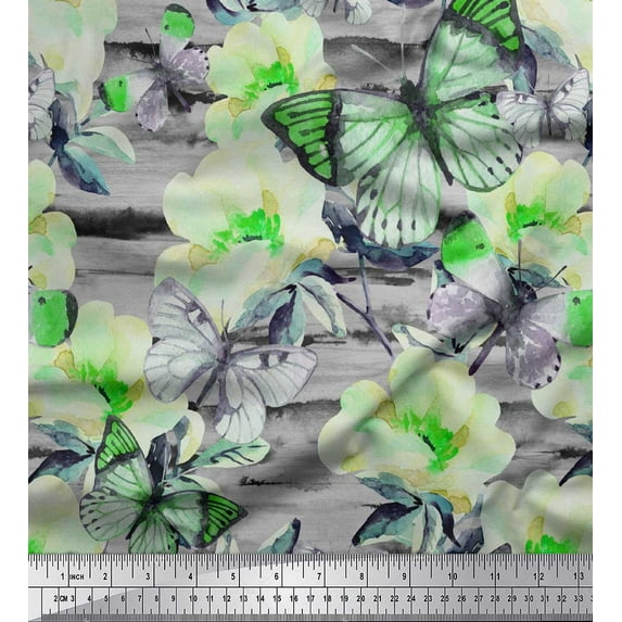 Soimoi Green Cotton Voile Fabric Stripe,Floral & Butterfly Print Fabric by Yard 42 Inch Wide
