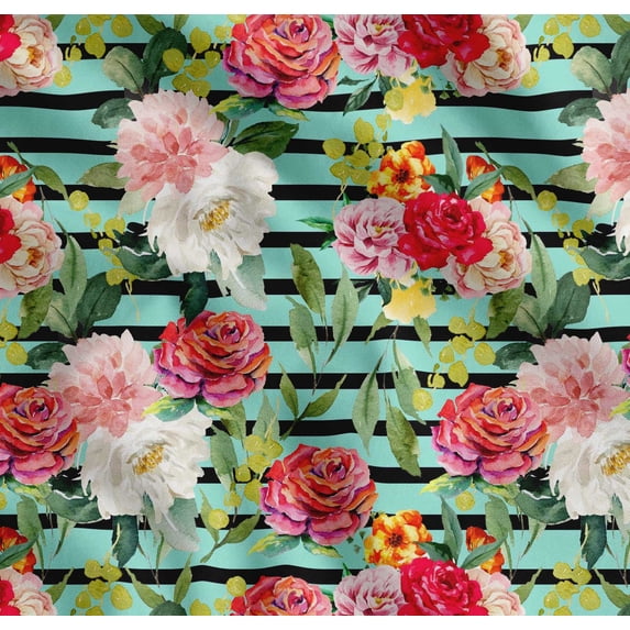 Soimoi Green Cotton Voile Fabric Stripe & Grandiflora Roses Floral Printed Fabric 1 Yard 58 Inch Wide