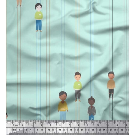 Soimoi Green Cotton Voile Fabric Stripe & Mens Human Figure Print Fabric by the Yard 42 Inch Wide