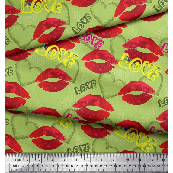 Soimoi Green Cotton Voile Fabric Text,Lips & Heart Print Sewing Fabric Yard 42 Inch Wide