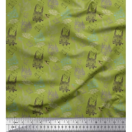 Soimoi Green Cotton Voile Fabric Text & Monuments Architectural Print Sewing Fabric Yard 42 Inch Wide