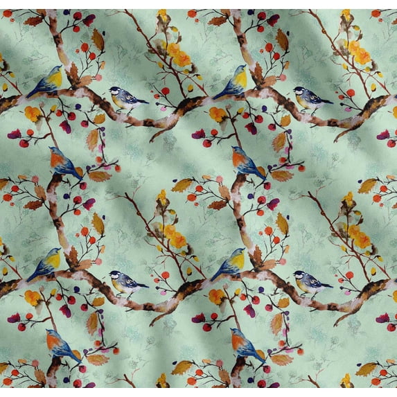Soimoi Green Cotton Voile Fabric Tree & American Robin Watercolor Print Sewing Fabric BTY 58 Inch Wide