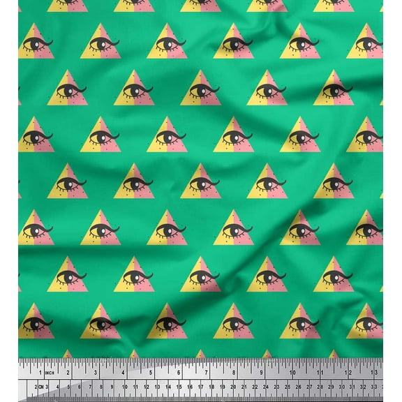 Soimoi Green Cotton Voile Fabric Triangle & Eyes Face Print Fabric by Yard 42 Inch Wide