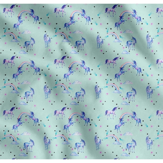 Soimoi Green Cotton Voile Fabric Unicorn & Rainbow Nature Print Sewing Fabric Yard 42 Inch Wide