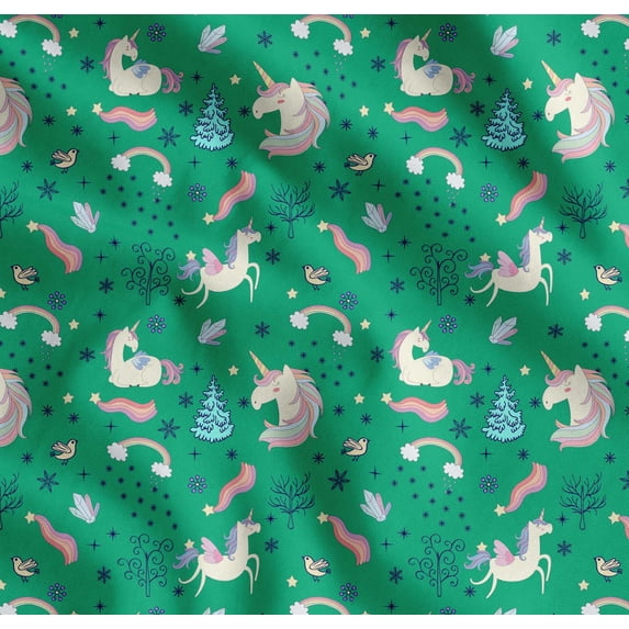 Soimoi Green Cotton Voile Fabric Unicorn & Rainbow Nature Printed Craft Fabric by the Yard 56 Inch Wide