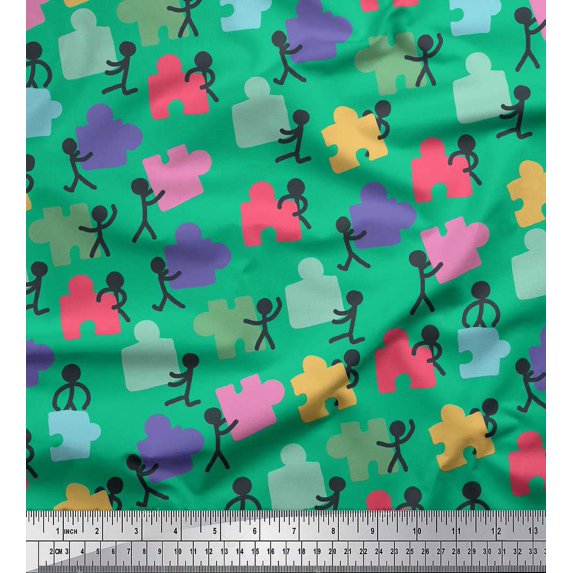 Soimoi Green Cotton Voile Fabric Working Together Group Printed Craft Fabric by the Yard 42 Inch Wide