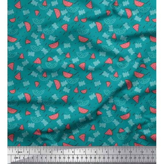Soimoi Green Cotton Voile Fabric Zig Zag,Insect & Watermelon Fruits Print Fabric by The Yard 56 Inch Wide