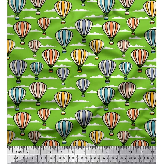 Soimoi Green Georgette Viscose Fabric Cloud & Hot Air Balloon Holiday Print Fabric by Yard 42 Inch Wide