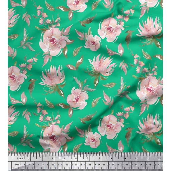 Soimoi Green Georgette Viscose Fabric Flower & Leaves Watercolor Print Fabric by the Yard 42 Inch Wide