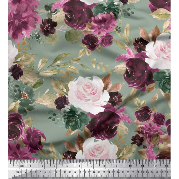 Soimoi Green Georgette Viscose Fabric Leaves & Peony Floral Print Fabric by Yard 42 Inch Wide