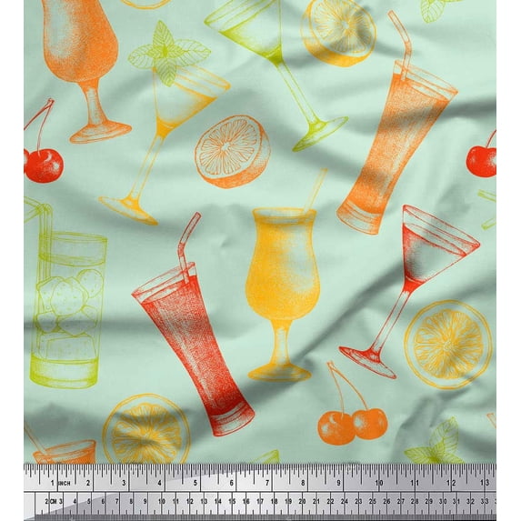 Soimoi Green Georgette Viscose Fabric Lemon Slice & Soft Drink Beverages Print Sewing Fabric Yard 42 Inch Wide