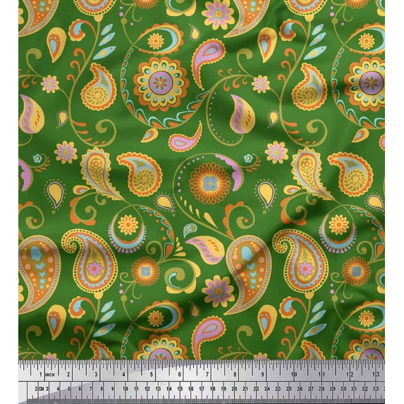 Soimoi Green Georgette Viscose Fabric Mandala & Paisley Print Fabric by Yard 44 Inch Wide