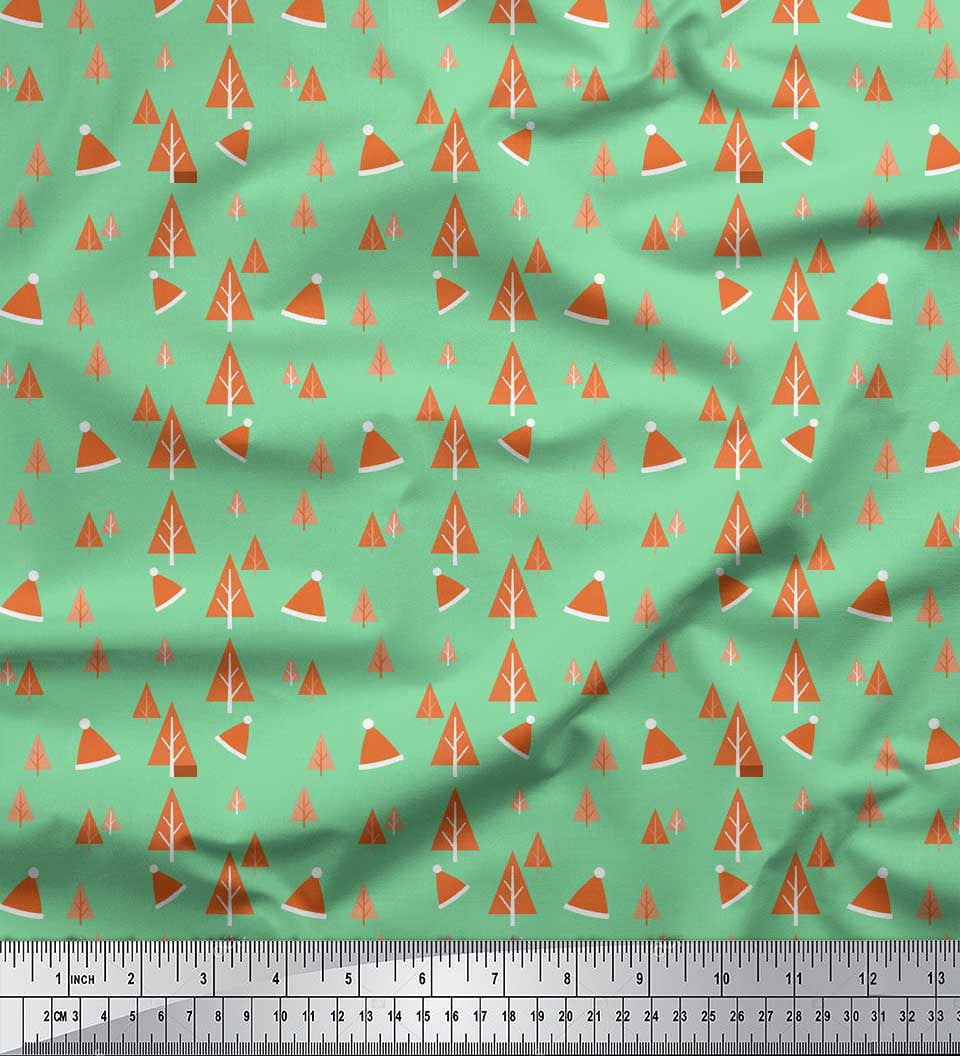 Soimoi Green Georgette Viscose Fabric Santa Cap & Tree Christmas Printed Craft Fabric by the Yard 42 Inch Wide