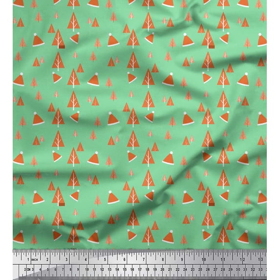 Soimoi Green Georgette Viscose Fabric Santa Cap & Tree Christmas Printed Craft Fabric by the Yard 42 Inch Wide