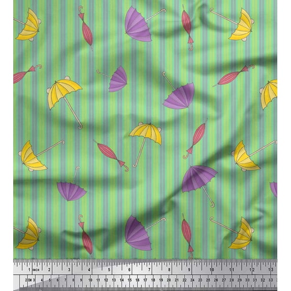 Soimoi Green Georgette Viscose Fabric Umbrella & Stripe Decor Fabric Printed Yard 42 Inch Wide