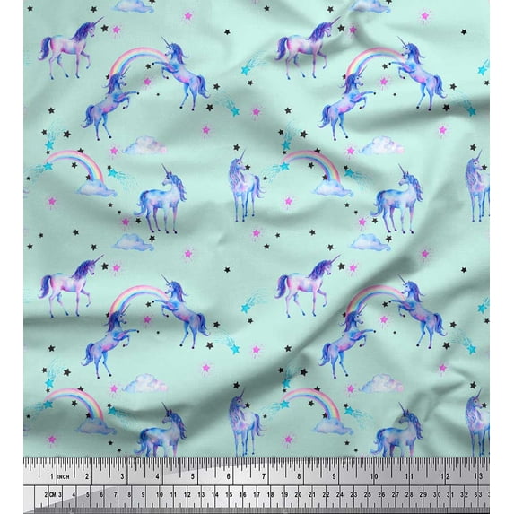Soimoi Green Georgette Viscose Fabric Unicorn & Rainbow Nature Print Fabric by the Yard 42 Inch Wide