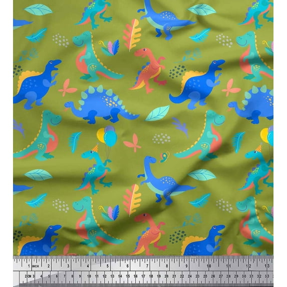 Soimoi Green Heavy Canvas Fabric Balloon & Dinosaur Kids Fabric Prints By Yard 58 Inch Wide