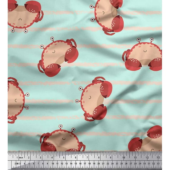 Soimoi Green Heavy Canvas Fabric Crabs Ocean Print Fabric by the Yard 58 Inch Wide
