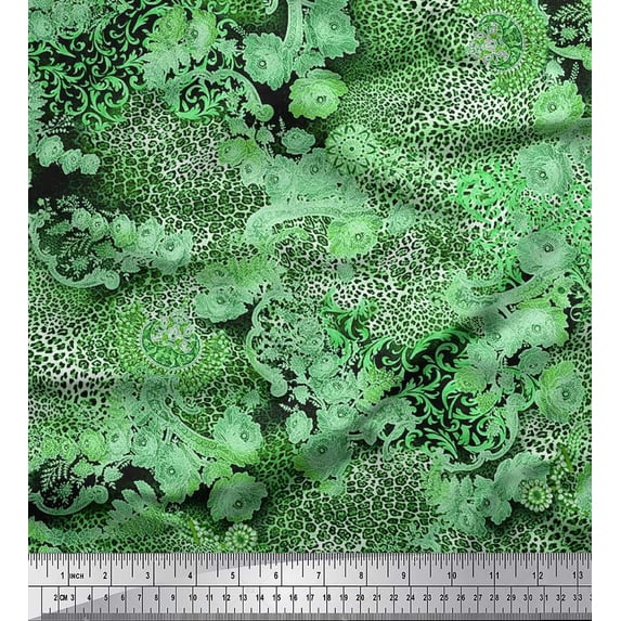 Soimoi Green Heavy Canvas Fabric Floral & Leopard Animal Skin Fabric Prints By Yard 58 Inch Wide