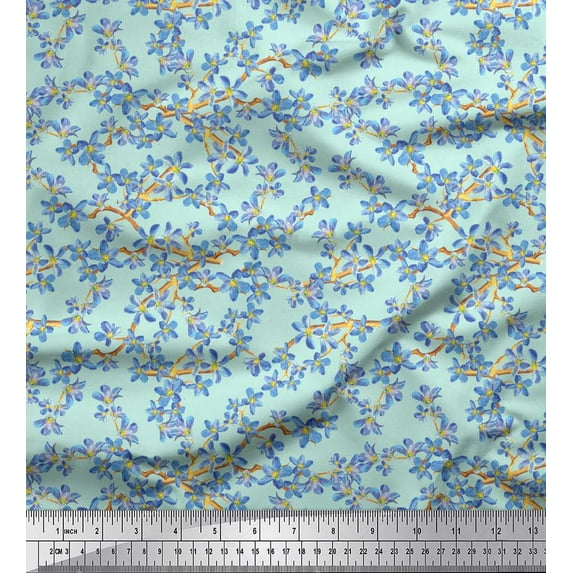 Soimoi Green Heavy Canvas Fabric Forget Me Not Bush Floral Print Sewing Fabric 1 Yard 58 Inch Wide