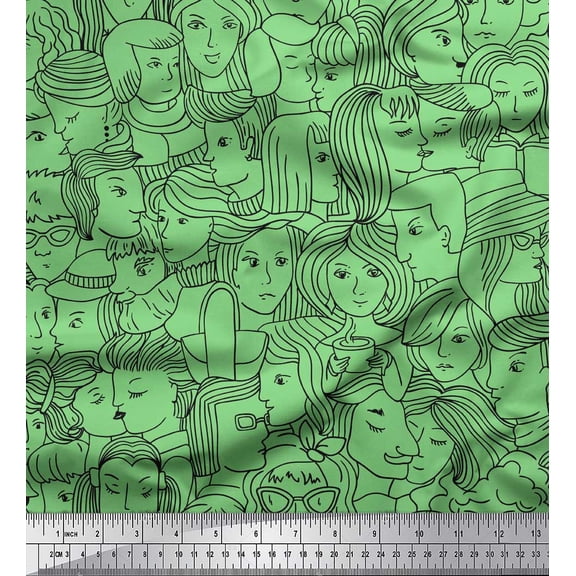 Soimoi Green Heavy Canvas Fabric Human Face Printed Fabric 1 Yard 58 Inch Wide