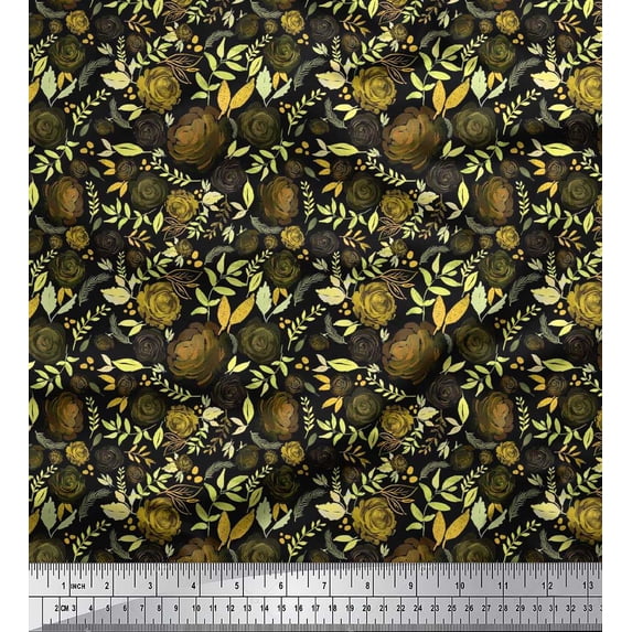 Soimoi Green Heavy Canvas Fabric Leaves & Grandiflora Roses Floral Printed Craft Fabric by The Yard 58 Inch Wide