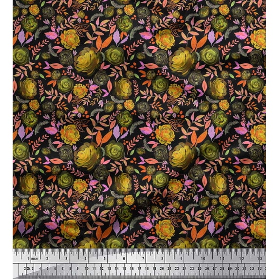 Soimoi Green Heavy Canvas Fabric Leaves & Grandiflora Roses Floral Printed Craft Fabric by the Yard 58 Inch Wide
