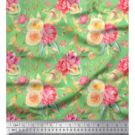 Soimoi Green Heavy Canvas Fabric Leaves & Ranunculus Floral Decor Fabric Printed Yard 58 Inch Wide