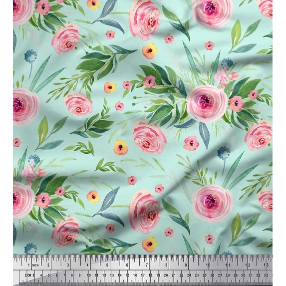 Soimoi Green Heavy Canvas Fabric Leaves & Ranunculus Floral Print Fabric by the Yard 58 Inch Wide