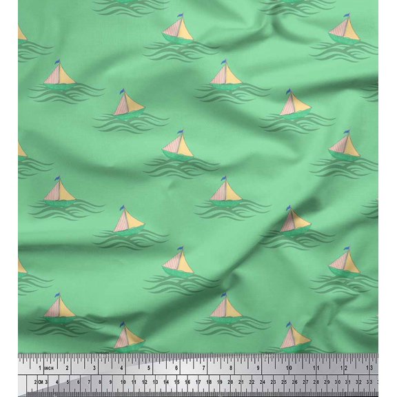 Soimoi Green Heavy Canvas Fabric Yacht & Waves Nautical Print Sewing Fabric Yard 58 Inch Wide