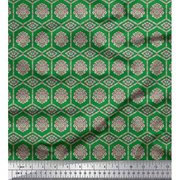 Soimoi Green Heavy Satin Fabric Artistic Geometric Print Fabric by the Yard 54 Inch Wide