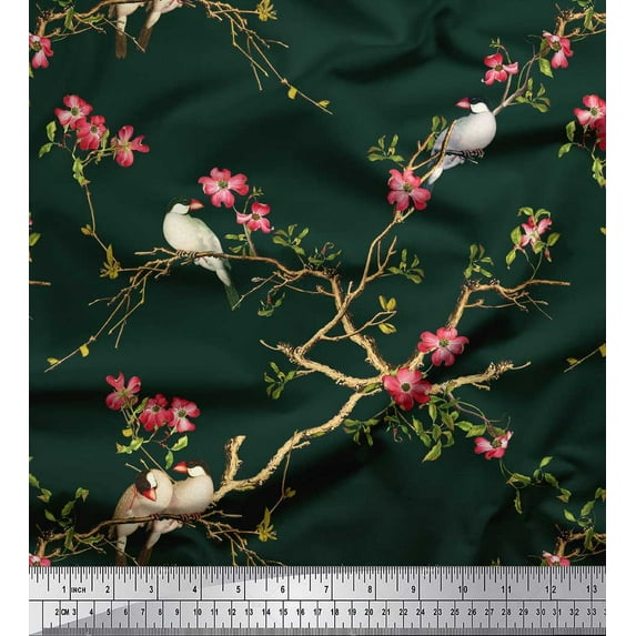 Soimoi Green Heavy Satin Fabric Floral & Franklin Gull Bird Print Fabric by the Yard 54 Inch Wide