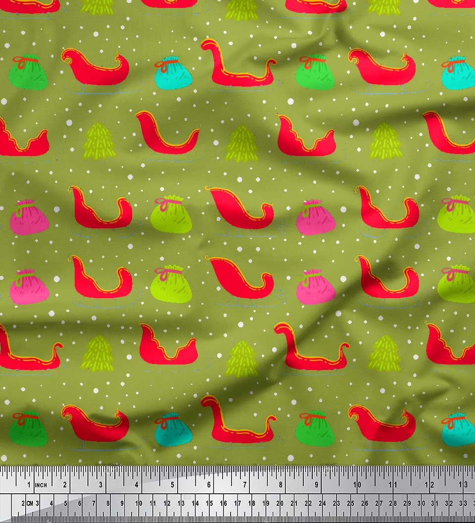 Soimoi Green Heavy Satin Fabric Santa Bag,Tree & Sleigh Christmas Printed Fabric 1 Yard 54 Inch Wide