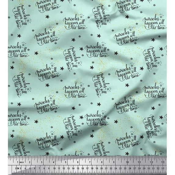 Soimoi Green Heavy Satin Fabric Star & Miracle Happened All The Time Text Printed Fabric 1 Yard 54 Inch Wide