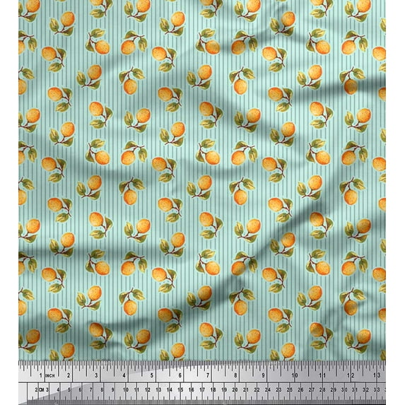 Soimoi Green Heavy Satin Fabric Stripe & Orange Fruits Print Fabric by the Yard 54 Inch Wide