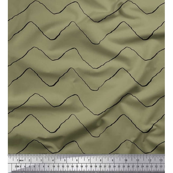Soimoi Green Japan Crepe Satin Fabric Artistic Waves Abstract Printed Fabric 1 Yard 42 Inch Wide