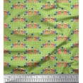 thumbnail image 1 of Soimoi Green Japan Crepe Satin Fabric Check & Fox Folk Art Print Sewing Fabric Yard 42 Inch Wide, 1 of 3