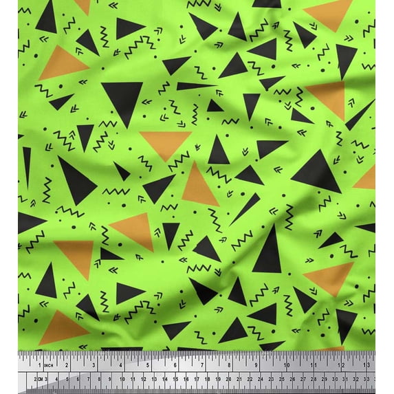 Soimoi Green Japan Crepe Satin Fabric Dot,Zig Zag & Triangle Geometric Print Sewing Fabric Yard 42 Inch Wide
