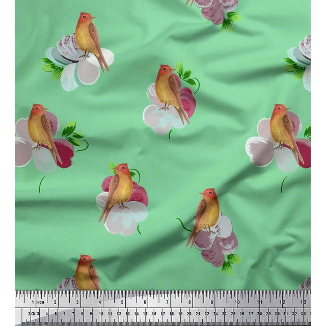 Soimoi Green Japan Crepe Satin Fabric Floral & American Robin Bird Printed Craft Fabric by The Yard 42 Inch Wide