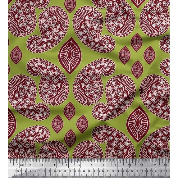 Soimoi Green Japan Crepe Satin Fabric Maroon Paisley Fabric Prints By Yard 42 Inch Wide