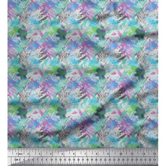 Soimoi Green Japan Crepe Satin Fabric Star & Brush Stroke Abstract Decor Fabric Printed Yard 42 Inch Wide