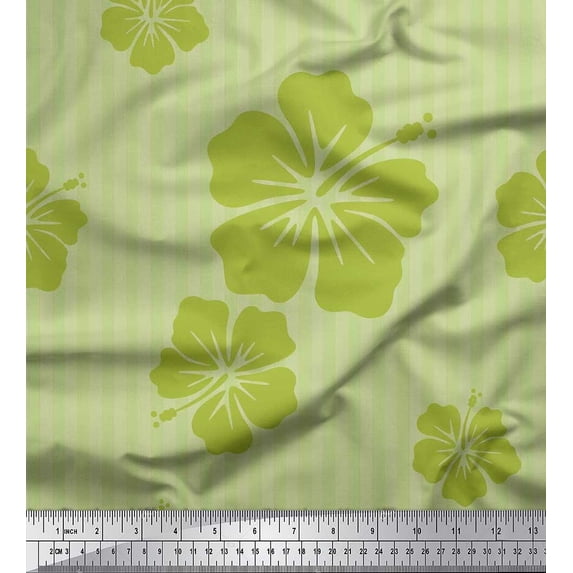 Soimoi Green Japan Crepe Satin Fabric Stripe & Floral Print Fabric by the Yard 42 Inch Wide