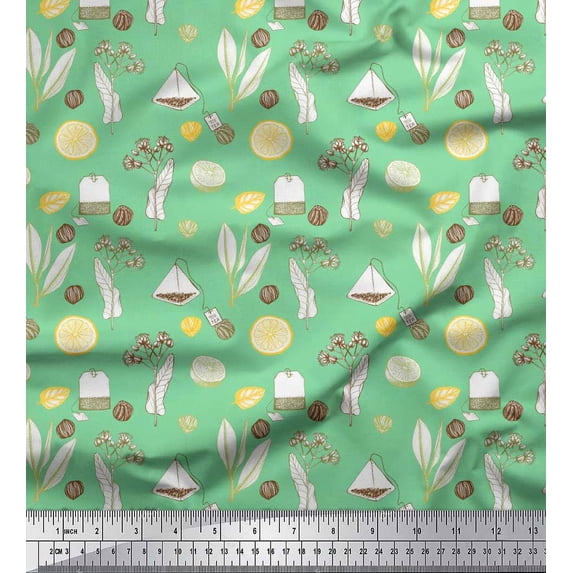 Soimoi Green Japan Crepe Satin Fabric Tea Bag,Herbs & Lemon Slice Vegetable Print Sewing Fabric Yard 42 Inch Wide
