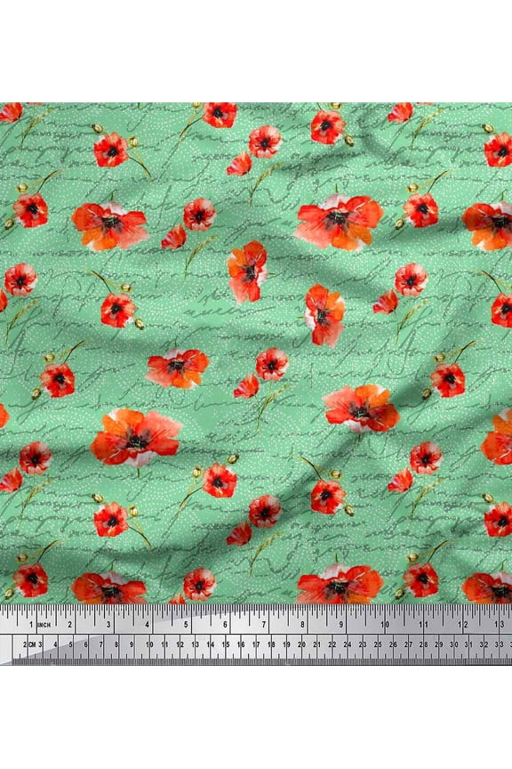 Green Japan Crepe Satin Fabric Text & Poppy Floral Decor Fabric Printed Yard 42 Inch Wide