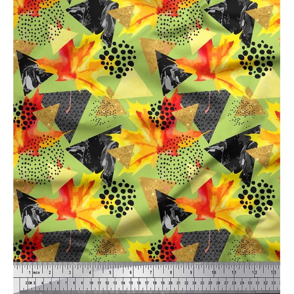 Soimoi Green Japan Crepe Satin Fabric Triangle,Autumn Leaves & Brush Stroke Abstract Fabric Prints By Yard 42 Inch Wide