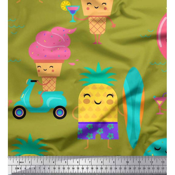 Soimoi Green Modal Satin Fabric Beech & Fun Party Print Sewing Fabric Yard 42 Inch Wide