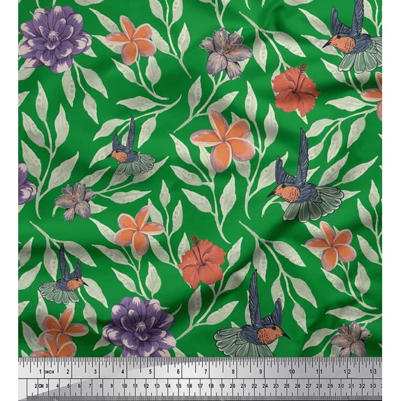 Soimoi Green Modal Satin Fabric Flying Bird & Floral Printed Craft Fabric by The Yard 42 Inch Wide