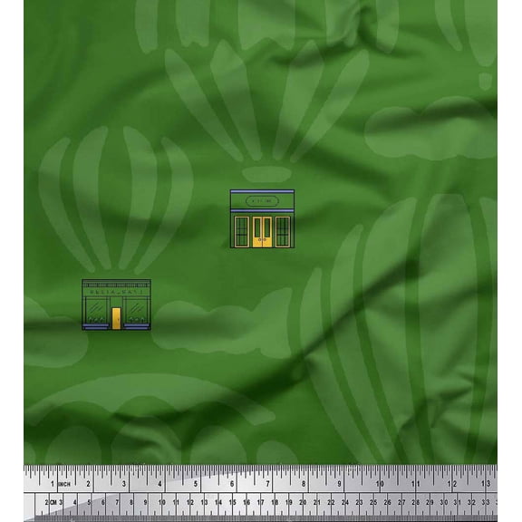 Soimoi Green Moss Georgette Fabric Architectural Structure & Hot Air Balloon Holiday Printed Craft Fabric by the Yard 42 Inch Wide